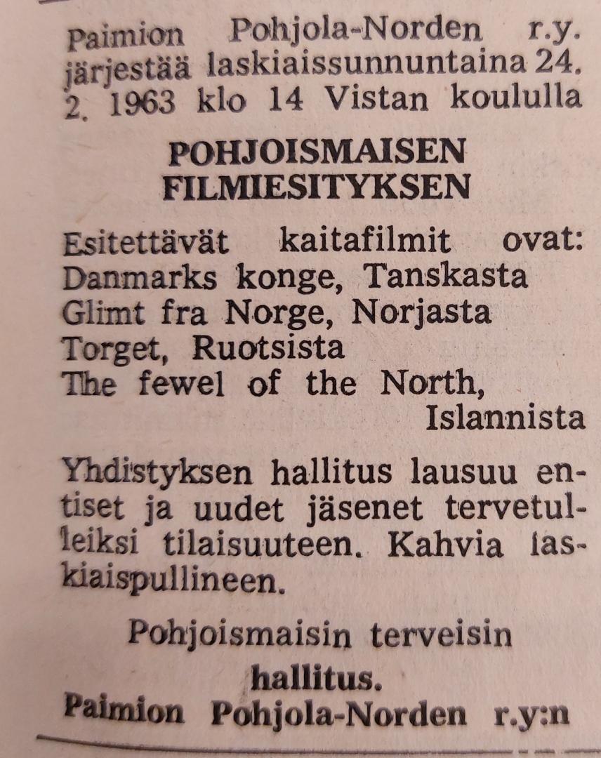 Ilmoitus Kunnallislehdessä 21. helmikuutta 1963